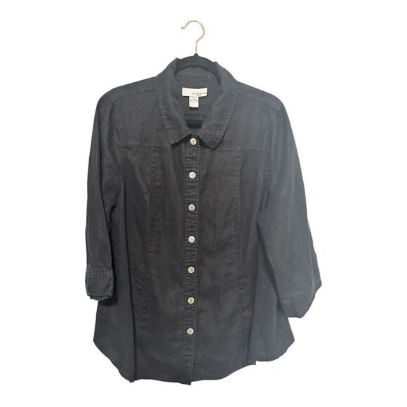 Lucy & Lauren Black linen snap Up Shirt - Picture 2 of 8